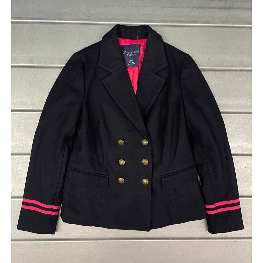 American Eagle Blazer Jacket Womens Small Wool Black Peacoat Pink Quilt Lined - Picture 1 of 12